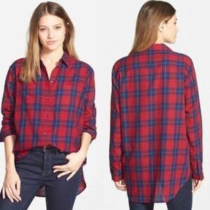 Madewell Edina Women's Oversized Red Blue Plaid Long Sleeve Boyshirt Sz XXS